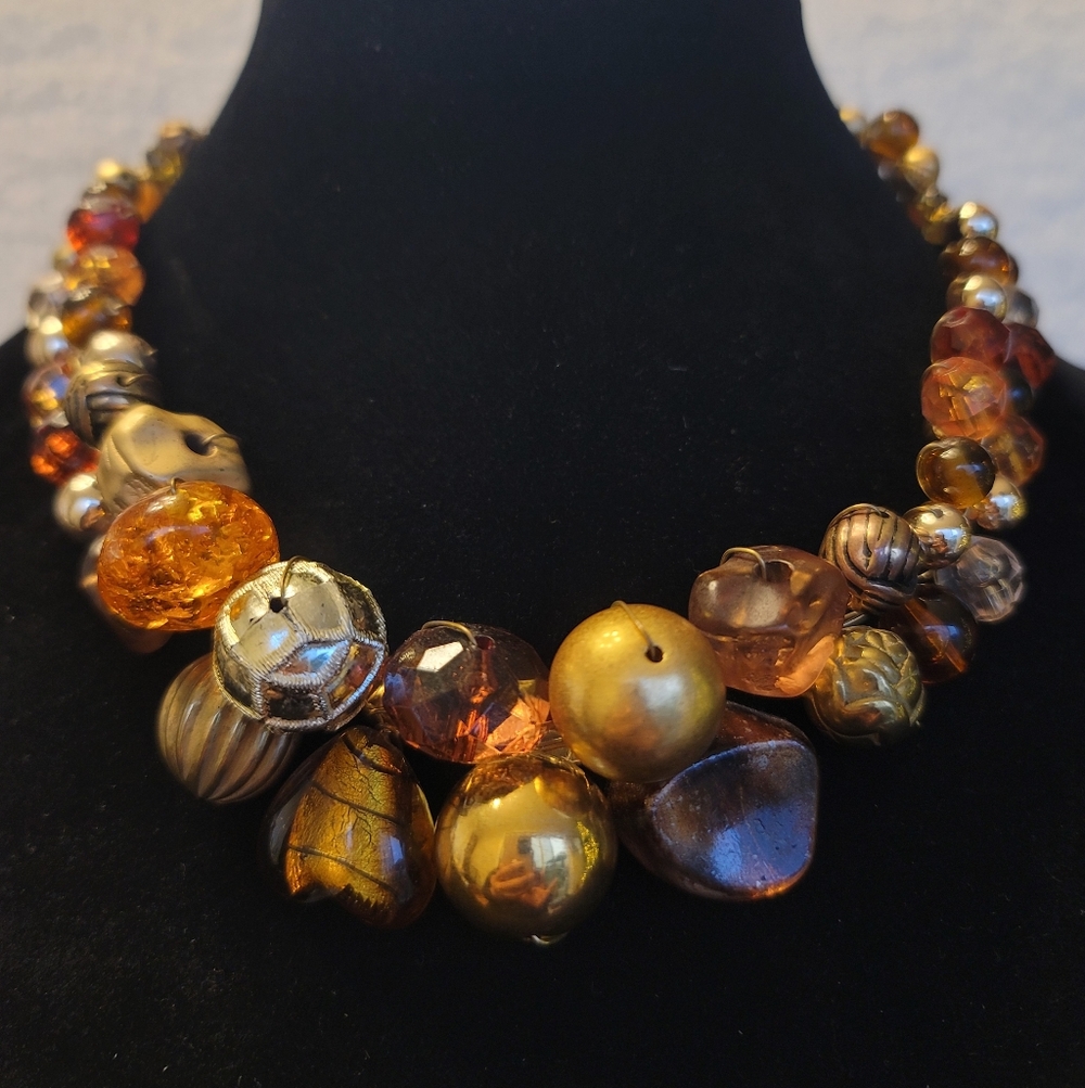 Abra Couture Golden GLOWY Necklace, Amber & Murano Glass Elements, Designer